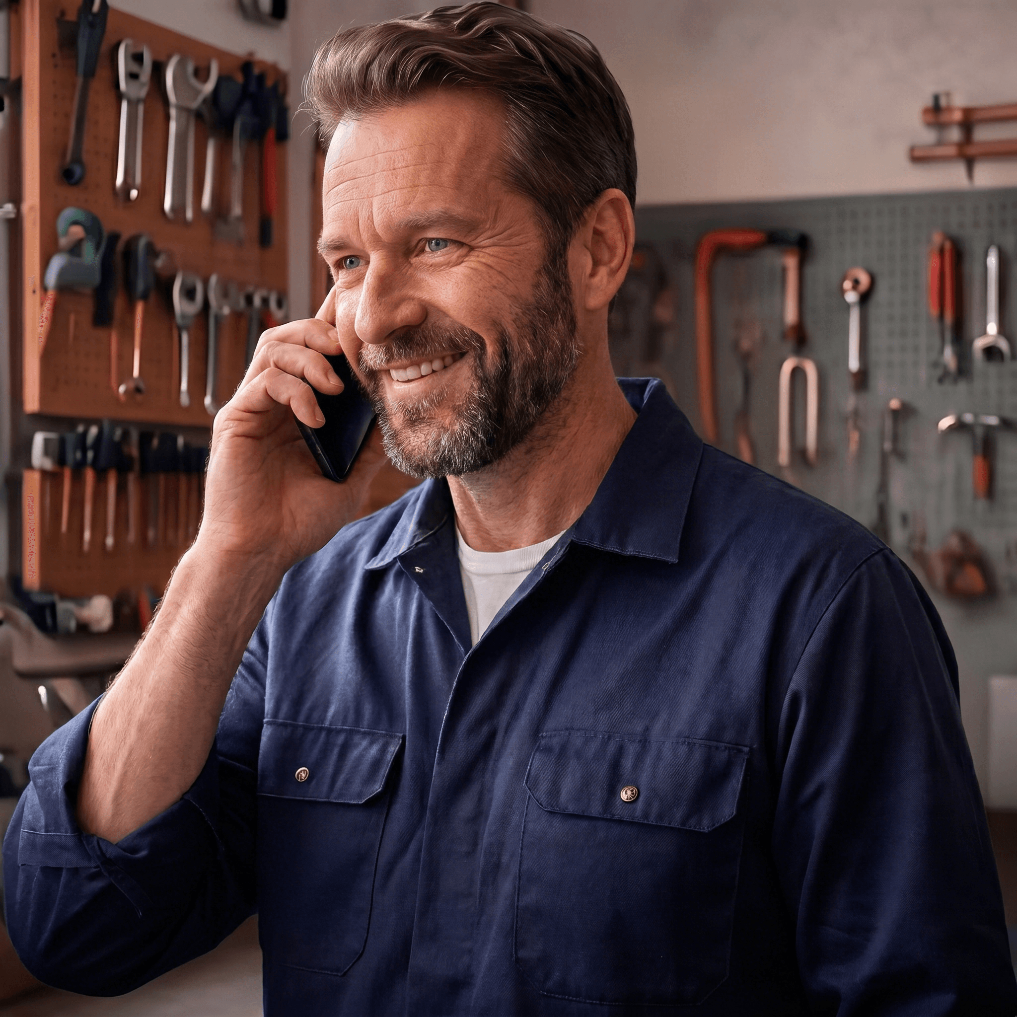 Artisan au téléphone dans son atelier